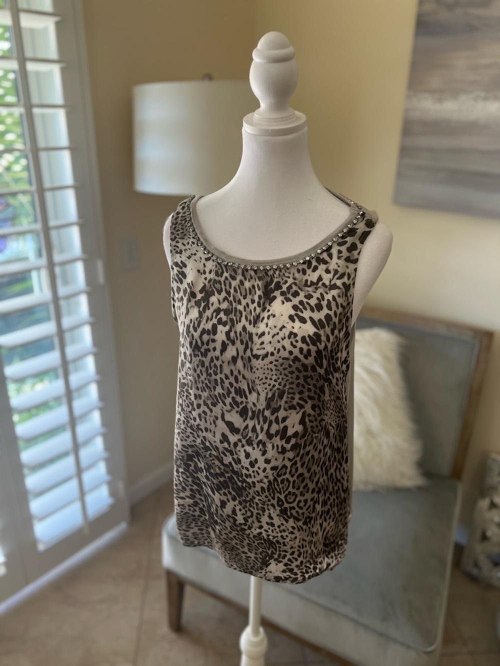 Jennifer Lopez Taupe and Black Beaded Animal Print Blouse